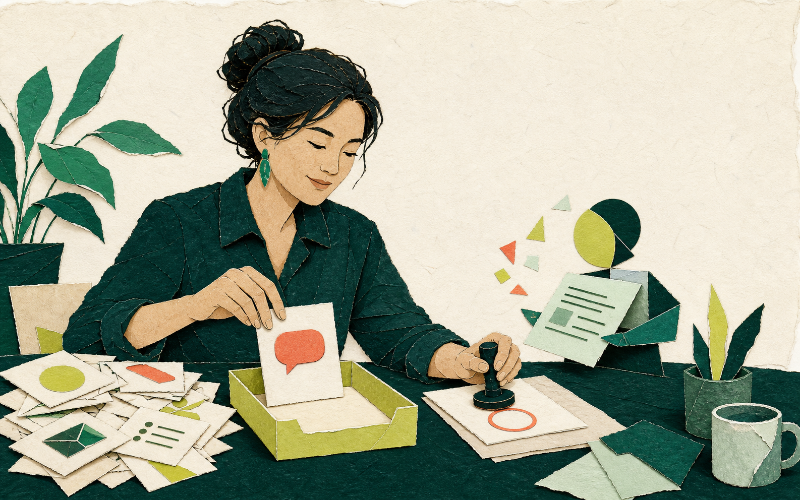 A small-business owner sorts task cards, selects one job, and keeps the final review stamp while an abstract AI assistant prepares a draft.